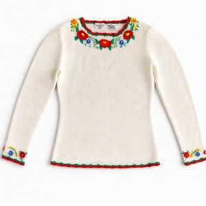 Vintage Cream Embroidered Floral Sweater Boho Folk Cottagecore Knit Top